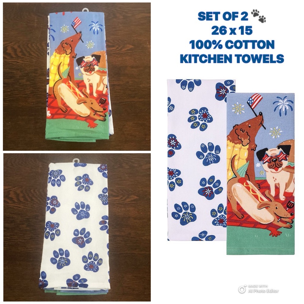 NWT- Set of 2- Patriotic 🐾 Dogs Kitchen Towels Set- 100% Cotton- 26x15